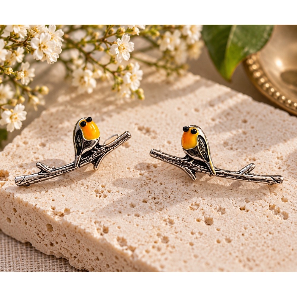 Silver Robin Bird on Branch Stud Earrings Enamel Nature Jewelry Climber Studs